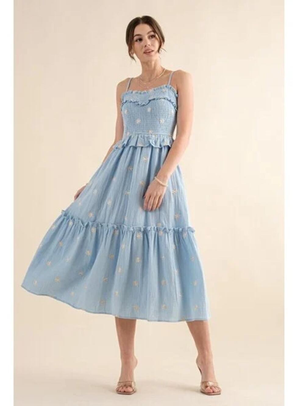 NEW Just Me Midi Dress Blue Floral Embroidered Shirred Ruffle Smocked Tiered L